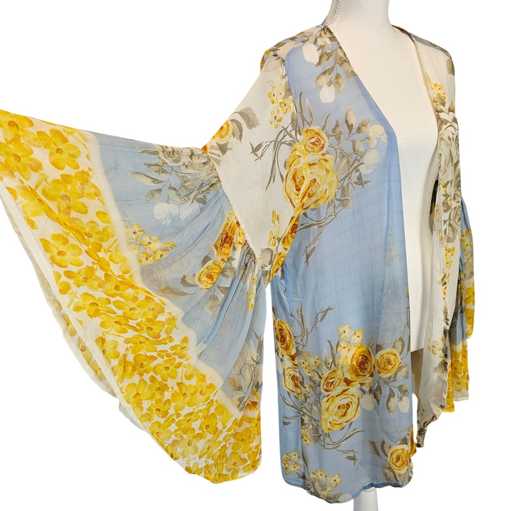 Saachi Yellow Blouse Floral Mystical Kimono Garden Fairy Bell Sleeve Boho OS